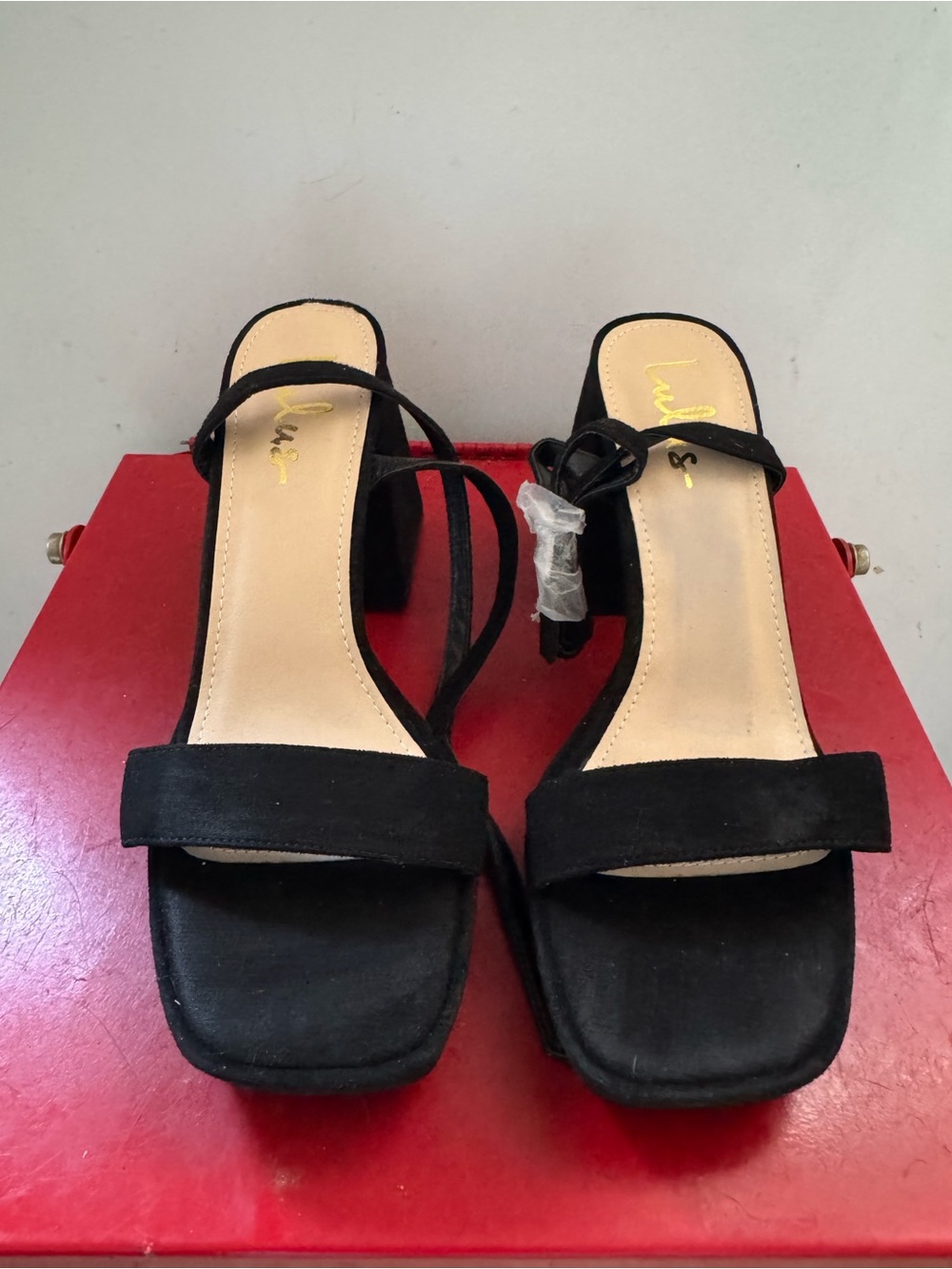Lulu's Black Suede Square Toe Block Heel Sandals Size 7